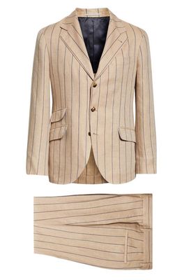 Brunello Cucinelli Pinstripe Three-Button Linen Suit in C151Brown And Blue