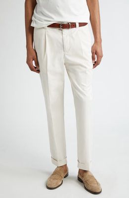 Brunello Cucinelli Pleat Front Garment Dyed Cotton Stretch Gabardine Pants in Semi Di Lino