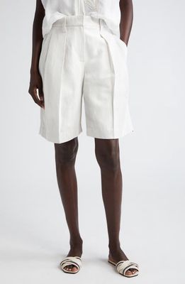 Brunello Cucinelli Pleated Cotton & Linen Bermuda Shorts in C455 Chalk