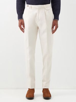 Brunello Cucinelli - Pleated Cotton-gabardine Trousers - Mens - Cream