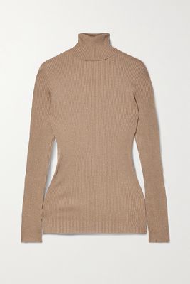 Brunello Cucinelli - Ribbed Metallic Cashmere And Silk-blend Turtleneck Sweater - Brown