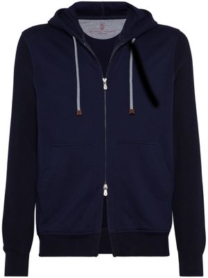 Brunello Cucinelli ribbed-sleeve cotton zip-up hoodie - Blue