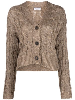 Brunello Cucinelli sequin-embellished cable-knit cardigan - Brown