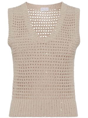 Brunello Cucinelli sequin-embellished open-knit vest - Neutrals