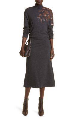 Brunello Cucinelli Sequin Floral Detail Long Sleeve Stretch Wool Turtleneck Sweater Dress in Anthracite