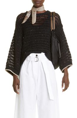 Brunello Cucinelli Sequin Open Knit Linen Blend Sweater in Cyp57 Black