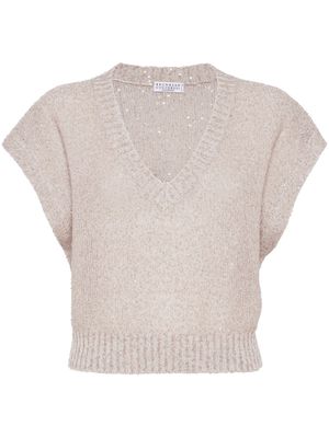 Brunello Cucinelli sequin short-sleeve knitted top - Neutrals