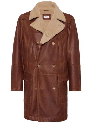 Brunello Cucinelli shearling-collar leather coat - Brown