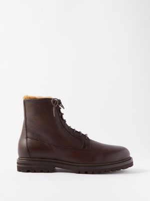 Brunello Cucinelli - Shearling-lined Grained Leather Boots - Mens - Brown