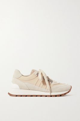 Brunello Cucinelli - Shearling-trimmed Bead-embellished Suede And Leather Sneakers - Neutrals