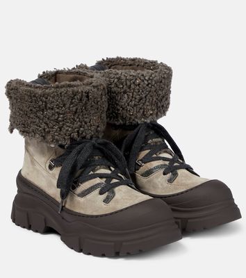 Brunello Cucinelli Shearling-trimmed suede combat boots
