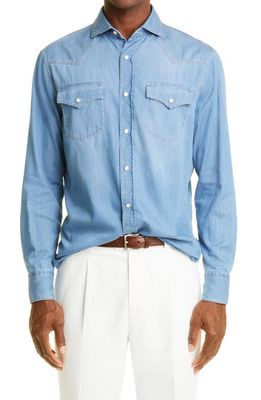 Brunello Cucinelli Snap-Up Denim Western Shirt in Cbt30-Blue