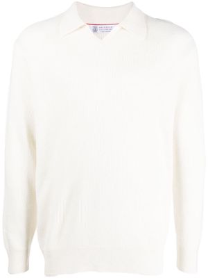 Brunello Cucinelli spread-collar ribbed-knit jumper - White