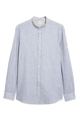 Brunello Cucinelli Stripe Band Collar Cotton & Linen Shirt in C016 White Blue