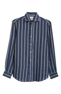 Brunello Cucinelli Stripe Linen Button-Up Shirt in Navy