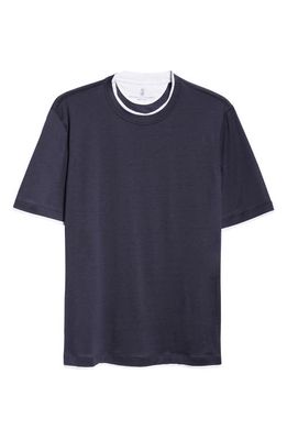 Brunello Cucinelli Tipped Silk & Cotton T-Shirt in Cw770 Cobalto/Perla