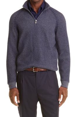 Brunello Cucinelli Vanisé Rib Cashmere Quarter Zip Sweater in Ca058-Dark Blue
