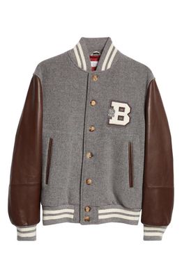 Brunello Cucinelli Wool & Leather Varsity Jacket in Cfm80-Grey /Leather