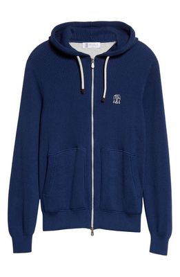 Brunello Cucinelli Zip Front Cotton Hooded Sweater in Cim70Deep Blue