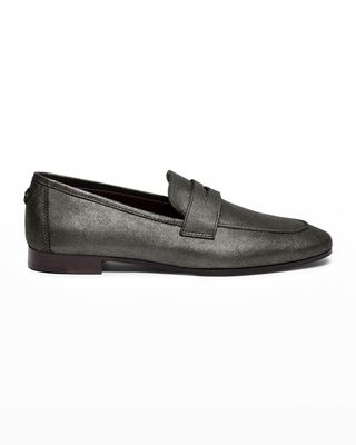 Brushed Metal Leather Penny Loafers