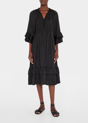 Bryant Tiered-Sleeve Ruffle Midi Dress