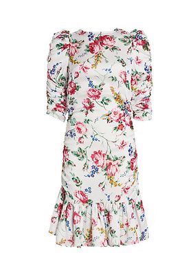 Bubble Floral-Printed Satin Ruched Minidress
