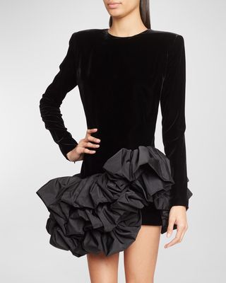 Bubble Ruffle Strong-Shoulder Velvet Mini Dress