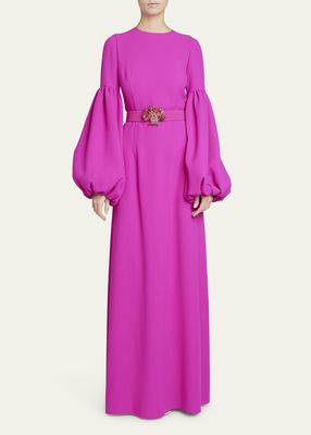 Bubble-Sleeve Belted Gown