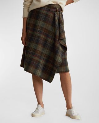 Buckle-Detail Plaid Herringbone Skirt