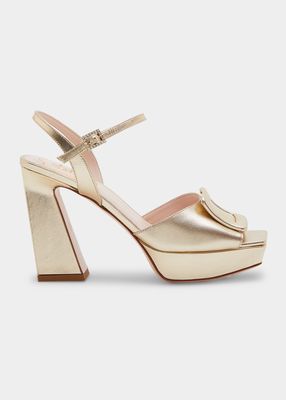 Buckle Metallic Leather Ankle-Strap Sandals