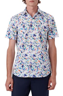 Bugatchi Abstract Print Short Sleeve Stretch Cotton Shirt in White