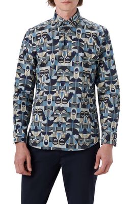 Bugatchi Classic Fit Abstract Print Stretch Cotton Button-Up Shirt in Steel