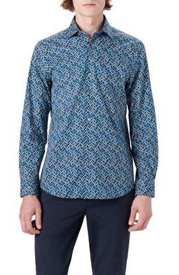 Bugatchi Classic Fit Basket Weave Print Stretch Cotton Button-Up Shirt in Navy