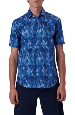 Bugatchi Classic Fit Print Stretch Cotton Short Sleeve Button-Up Shirt in French Blue