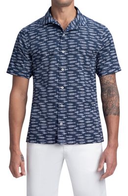 Bugatchi Fish Print Stretch Short Sleeve Button-Up Camp Shirt in Navy