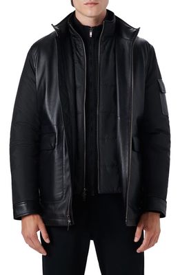 Bugatchi Full Zip Leather Bomber Jacket with Removable Bib in Caviar