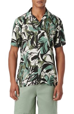 Bugatchi Jackson Trim Fit Abstract Print Short Sleeve Button-Up Camp Shirt in Khaki