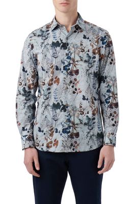 Bugatchi Julian Leaf Print Stretch Cotton Button-Up Shirt in Dusty Blue