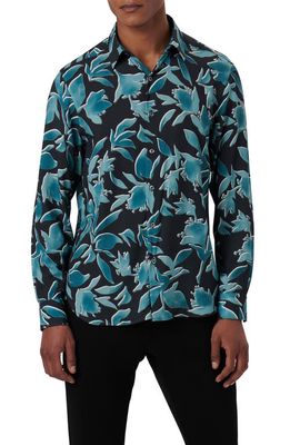 Bugatchi Julian Shaped Fit EcoVero Floral Print Button Up Shirt in Peacock