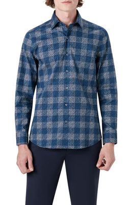 Bugatchi Jullian Shaped Fit Check Geometric Print Button-Up Shirt in Night Blue