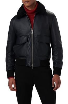 Bugatchi Leather Bomber Jacket with Removable Genuine Shearling Collar in Caviar