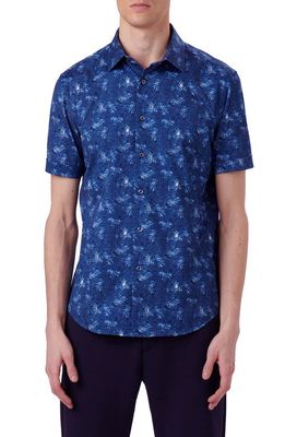 Bugatchi Miles OoohCotton Leaf Print Short Sleeve Button-Up Shirt in Night Blue