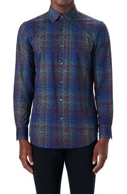 Bugatchi OoohCotton® Abstract Print Button-Up Shirt in Teal/Brown