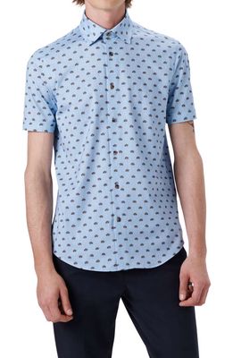 Bugatchi OoohCotton® Automobile Print Stretch Short Sleeve Button-Up Shirt in Air Blue