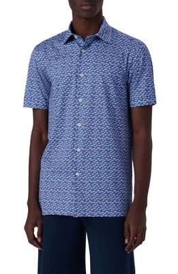 Bugatchi OoohCotton® Floral Print Short Sleeve Button-Up Shirt in Classic Blue