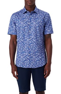 Bugatchi OoohCotton® Floral Short Sleeve Button-Up Shirt in Indigo