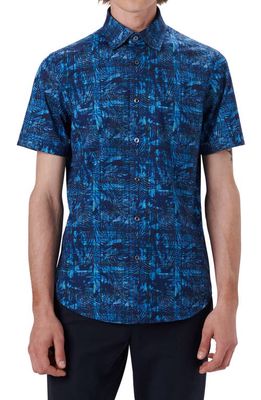 Bugatchi OoohCotton® Tech Palm Leaf Short Sleeve Button-Up Shirt in Peacock