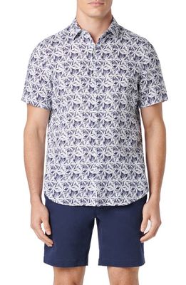 Bugatchi Orson Leaf Print Short Sleeve Linen Button-Up Shirt in Navy