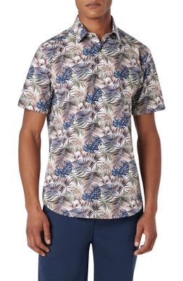 Bugatchi Orson Shaped Fit Frond Print Stretch Cotton Camp Shirt in Khaki