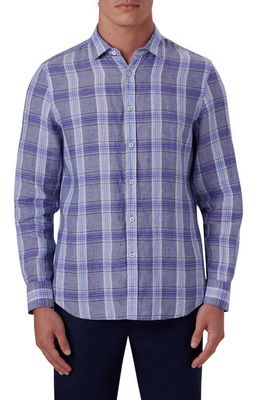 Bugatchi Plaid Linen Button-Up Shirt in Denim